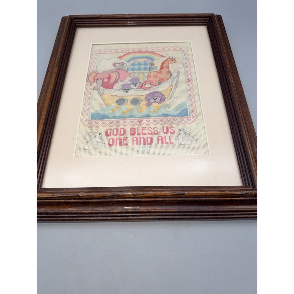 Vintage Noahs Ark Cross Stitch Framed God Bless Us Nursery Wall Decor 1984